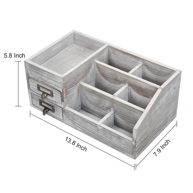 VERGOODR Distressed Rustic Wooden Office Desktop Organizer Wood Shelf Tabletop Home Organizer Storage with Multiple Compartments 2 Tier Drawers,perfect Jewelry storage Display Box for Desk, Vanity (gray) - Image 4